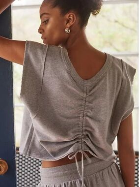 Anthropologie Daily Practice Extended Shoulder Blouse Top Ruched Back Cropped L